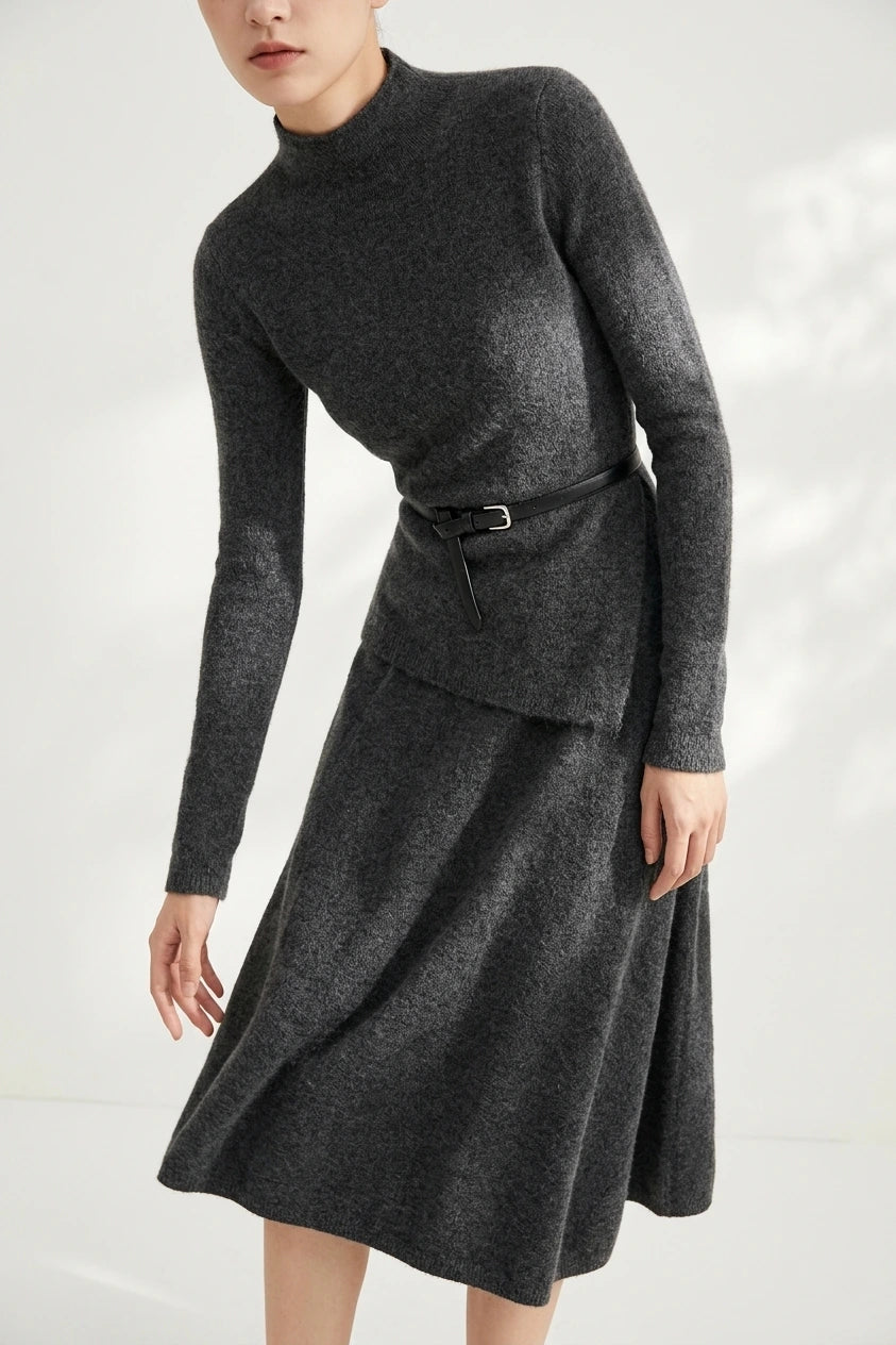 Women's Belted Asymmetric Knit Midi Dress Long Sleeve — variant_front