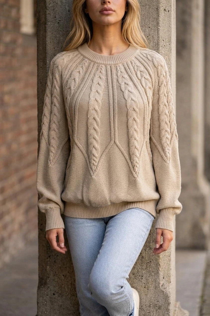 Women’s Cable Knit Jumper – Crew Neck Long Sleeve Knitted Sweater — variant_front