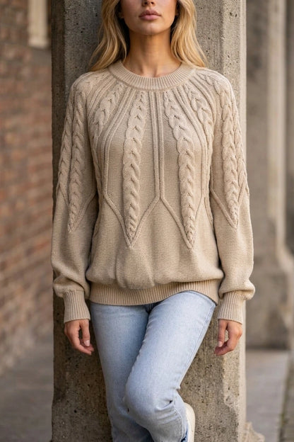 Women’s Cable Knit Jumper – Crew Neck Long Sleeve Knitted Sweater — variant_front