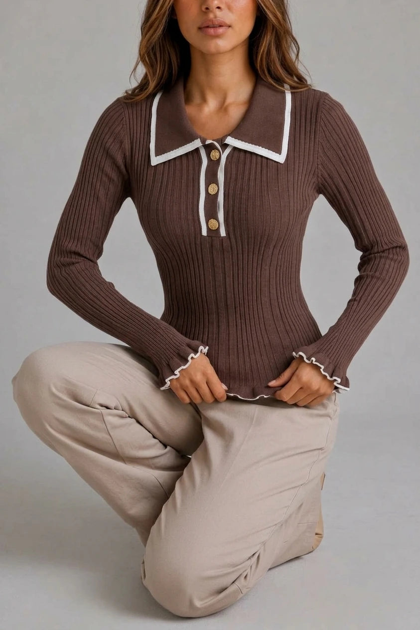 Women’s Ribbed Knit Polo Jumper – Long Sleeve Fitted Top — variant_front