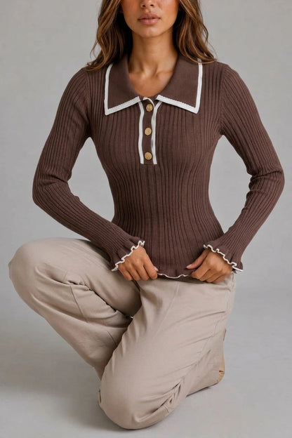 Women’s Ribbed Knit Polo Jumper – Long Sleeve Fitted Top — variant_front