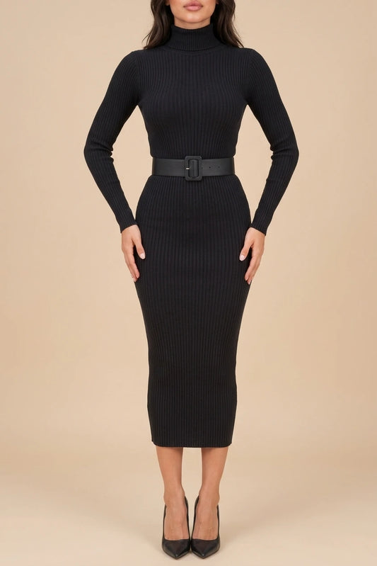 Women’s Ribbed Roll Neck Midi Dress – Belted Bodycon Knit Dress — variant_front