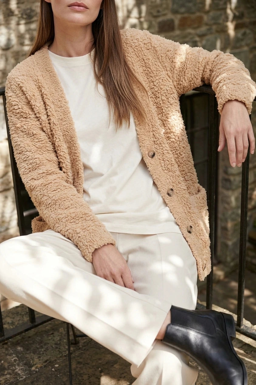 Beige Plush Cardigan Soft Knit — variant_front