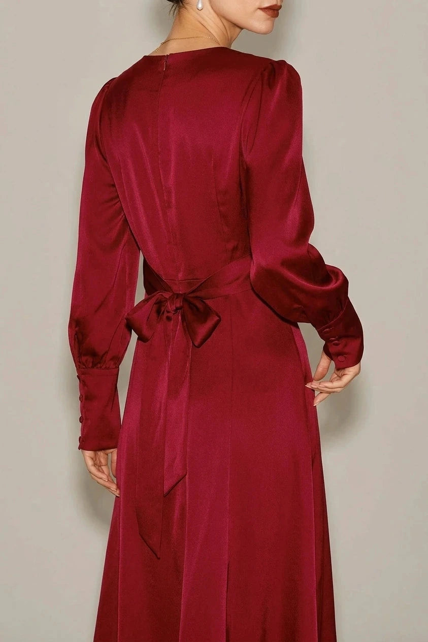 Satin A-Line Midi Dress With Puff Sleeves And Crew Neck