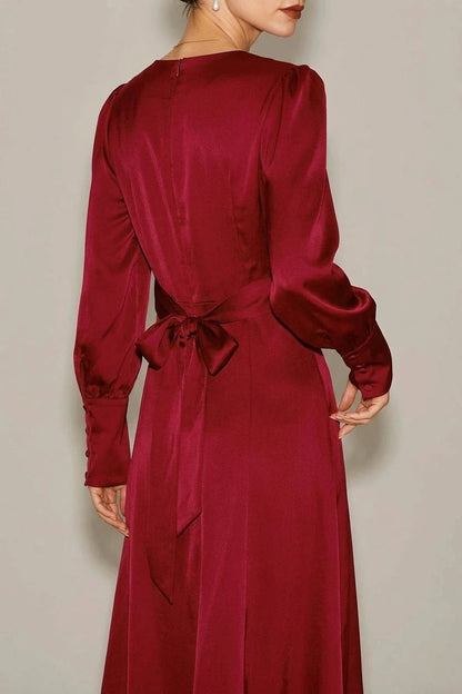 Satin A-Line Midi Dress With Puff Sleeves And Crew Neck