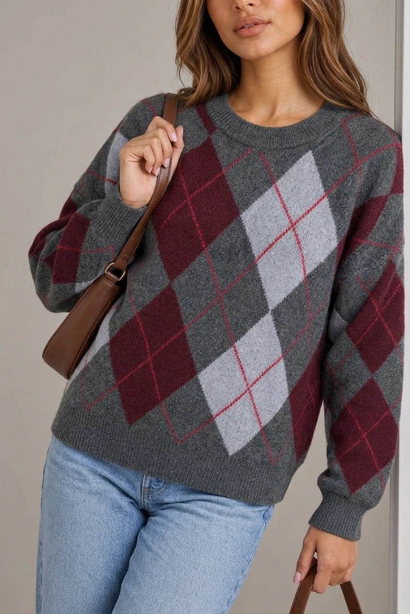 Women’s Argyle Pattern Knit Jumper – Crew Neck Long Sleeve Sweater — variant_front