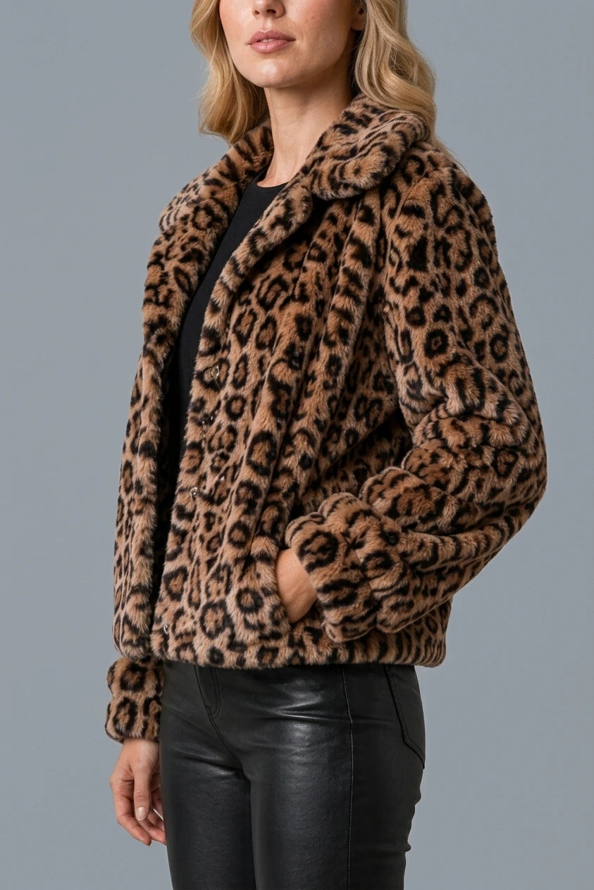Women’s Leopard Print Fur Cropped Jacket – Soft Teddy Winter Coat — variant_front