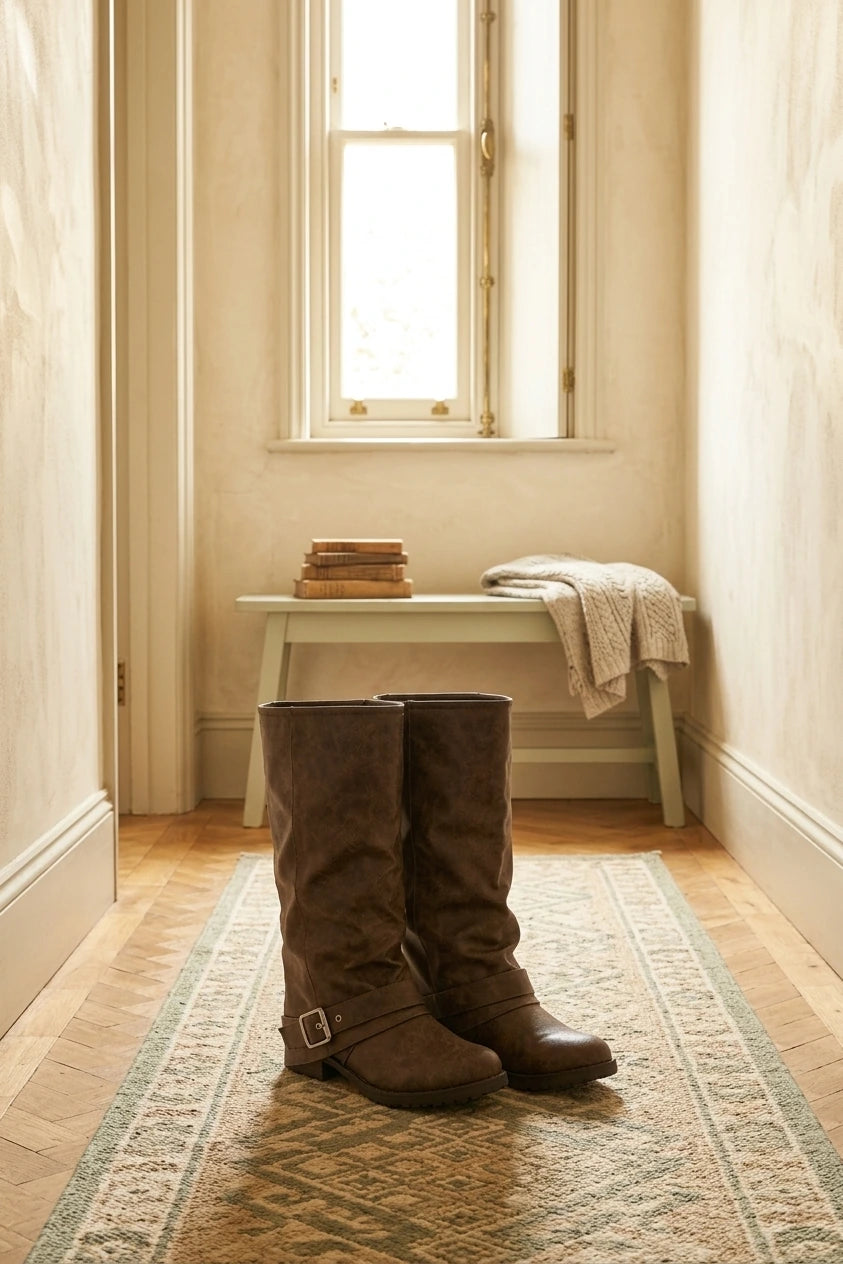 Brown Knee High Slouch Boots Buckle — variant_front