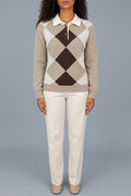 Argyle Collared Jumper Button Neck Long Sleeve Knit Sweater