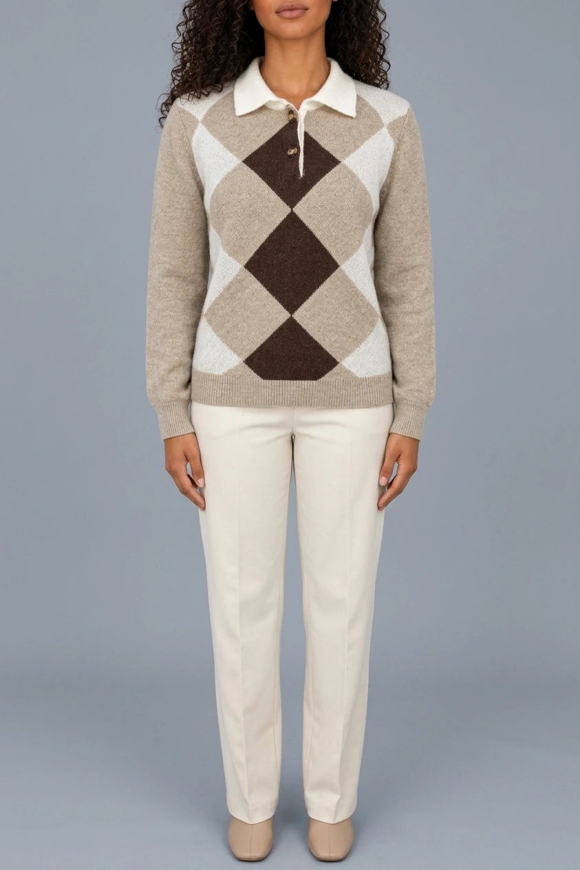 Women’s Argyle Collared Jumper – Button Neck Long Sleeve Knit Sweater — variant_front