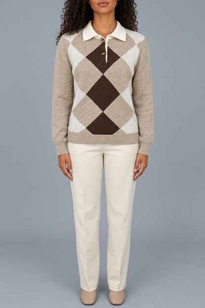 Women’s Argyle Collared Jumper – Button Neck Long Sleeve Knit Sweater — variant_front