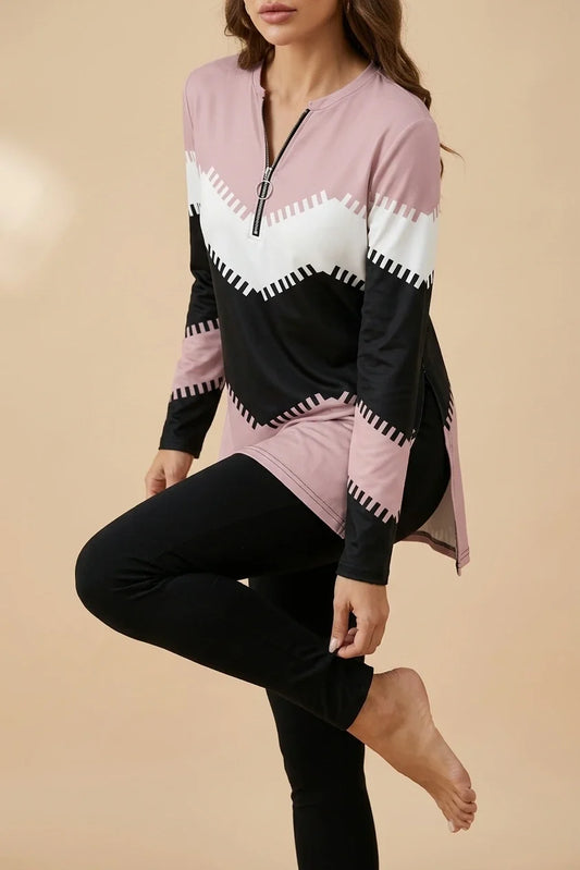 Women'S Casual 2pcs Set, Wavy Striped Print Long Sleeve Round Neck Zipper And Side Slit Fashion Top with Skinny Long Pants, Spring/Fall Comfortable Regular Fit Casual Outfit — variant_front