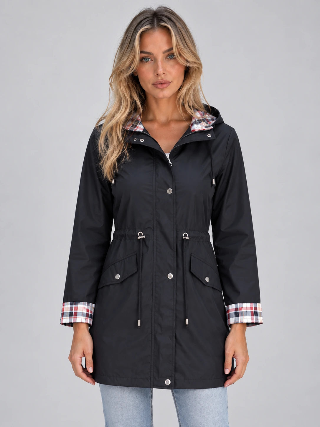 Women’s Longline Hooded Raincoat – Zip Up Parka with Adjustable Drawstring Waist — gallery_01.webp