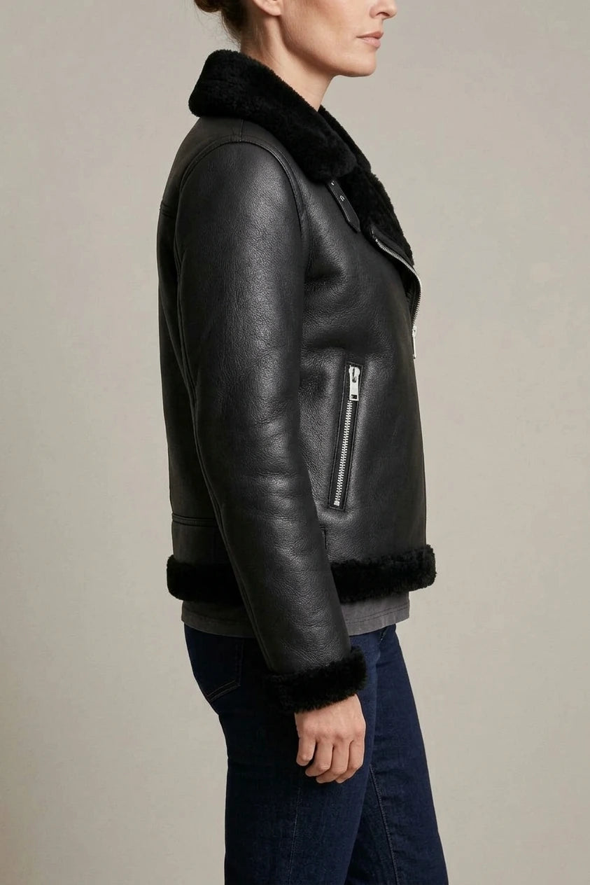 Noirellé – Asymmetric zip – Shearling biker jacket — variant_front