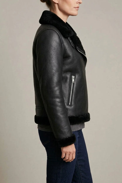 Noirellé – Asymmetric zip – Shearling biker jacket — variant_front