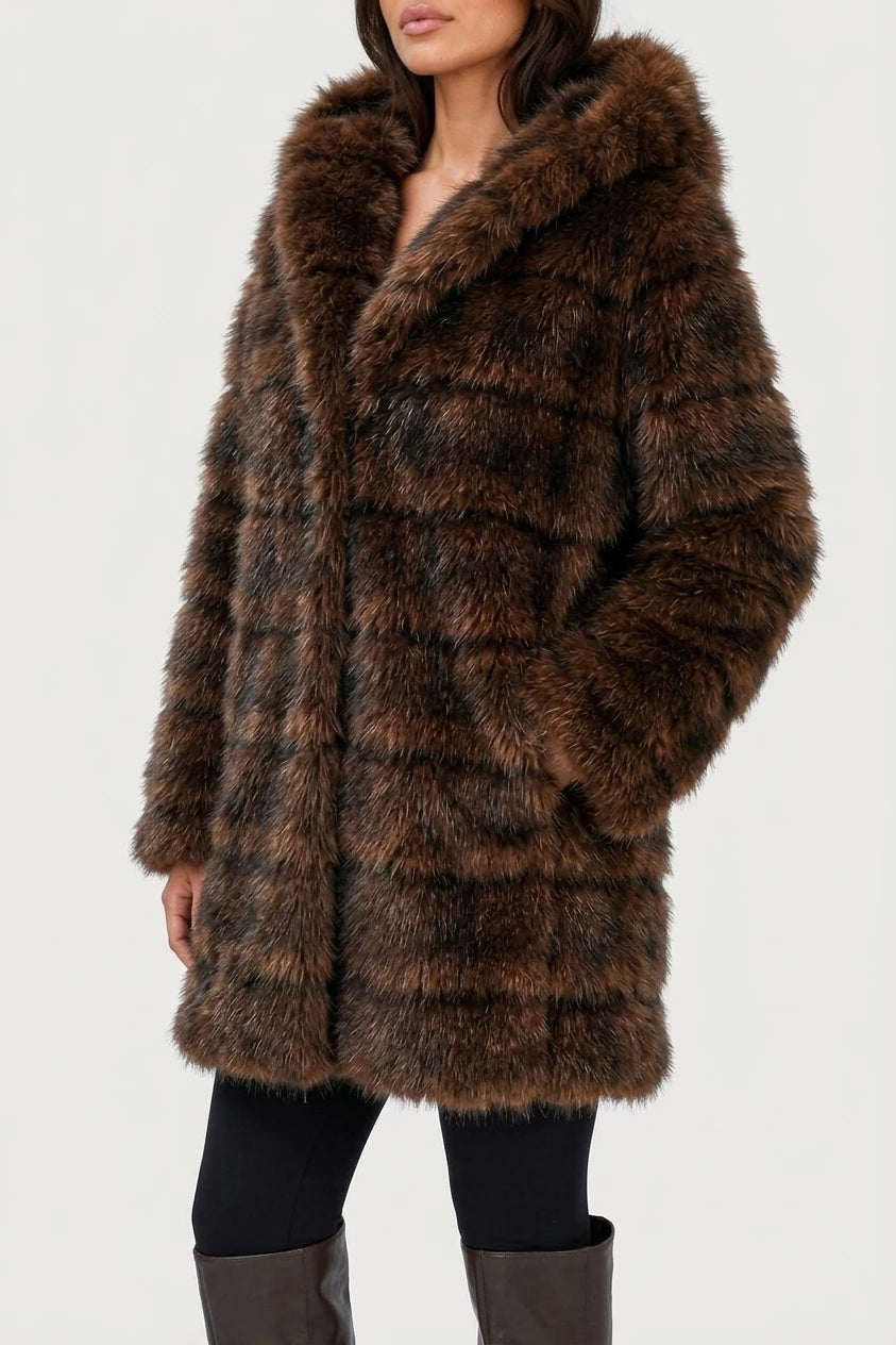 Women’s Hooded Faux Fur Coat – Plush Panelled Winter Jacket — variant_front