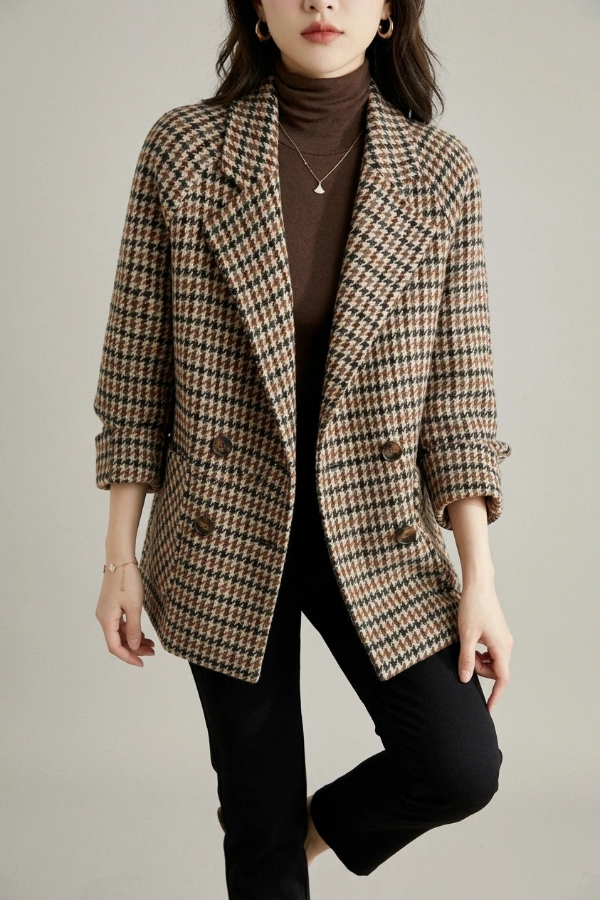 Women's Houndstooth Double-Breasted Blazer Hip-Length — variant_front