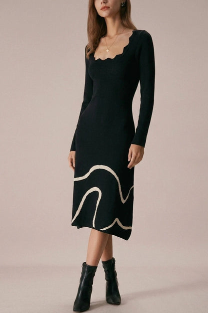 Wave Scalloped Sweater Midi Dress, Scalloped Neck Knit, Long Sleeve