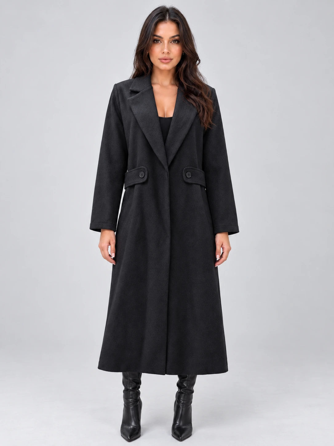 Women’s Longline Tailored Coat – Notched Lapel Button Detail Jacket — gallery_01.webp