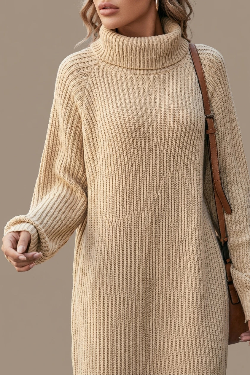 Women's Ribbed Turtleneck Midi Dress with Long Sleeves — variant_front