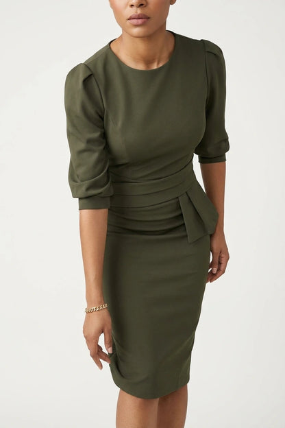 Classic Solid Color Ruched Puff Sleeve Bodycon Midi Sheath Dress with Business Casual Slim Fit Timeless Design — variant_front