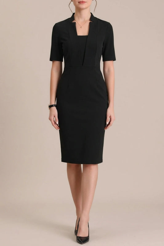 Formal Pencil V Neck Short Sleeve Office Bodycon Sheath Dress — variant_front