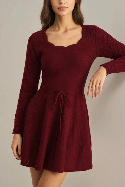 Wine Red A-Line Sweater Dress With Scallop Neck, Long Sleeve, Tie Waist
