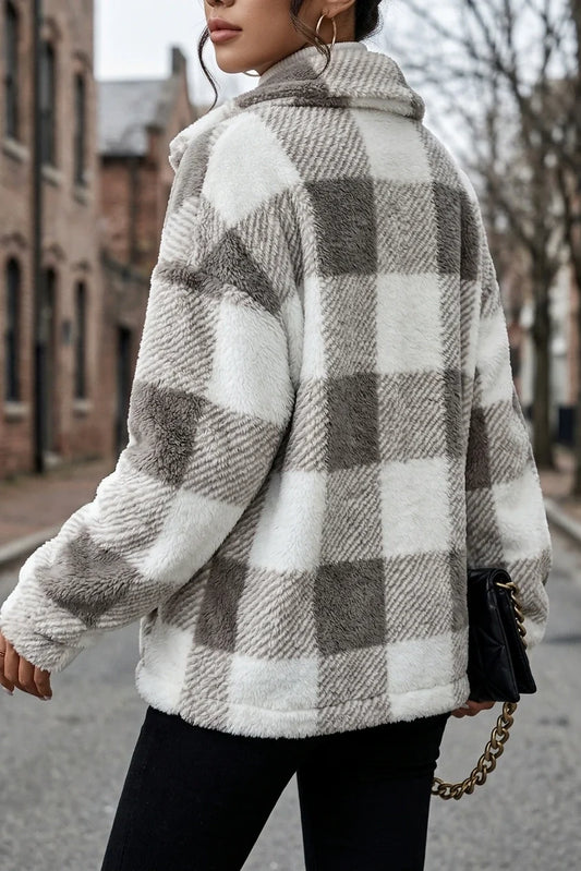 Women's Plush Faux Teddy Jacket - Elegant Collar Plaid with Pockets, Gray & White Suitable for Fall/Winter, Warm Winter Outerwear, Machine Washable Teddy for Casual or Dressy Occasions — variant_front