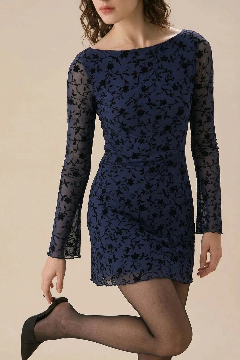 Blue See-Through Long Sleeve Mini Dress With Boat Neck And Flocked Floral Mesh