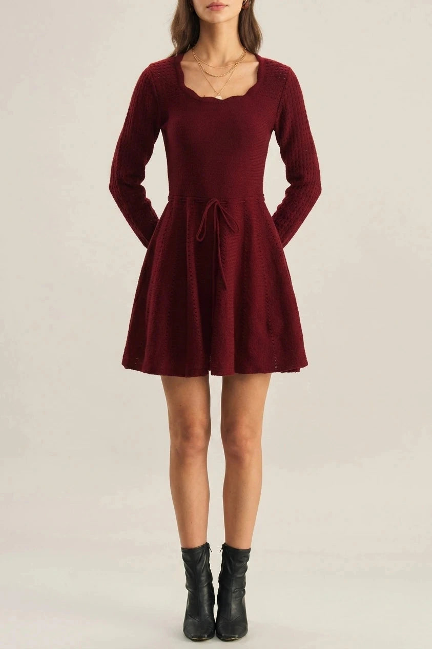 Wine Red A-Line Sweater Dress With Scallop Neck, Long Sleeve, Tie Waist