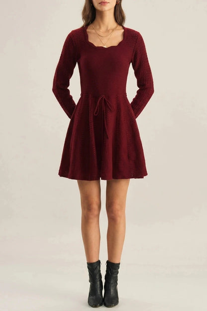Wine Red A-Line Sweater Dress With Scallop Neck, Long Sleeve, Tie Waist