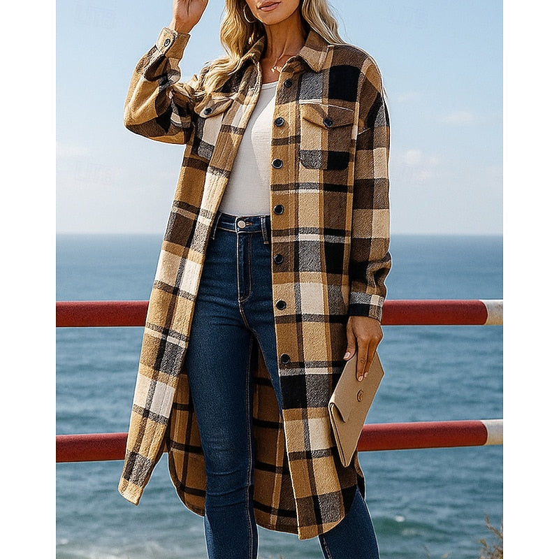 Checked Longline Coat with Button Front, Relaxed Fit — variant_front
