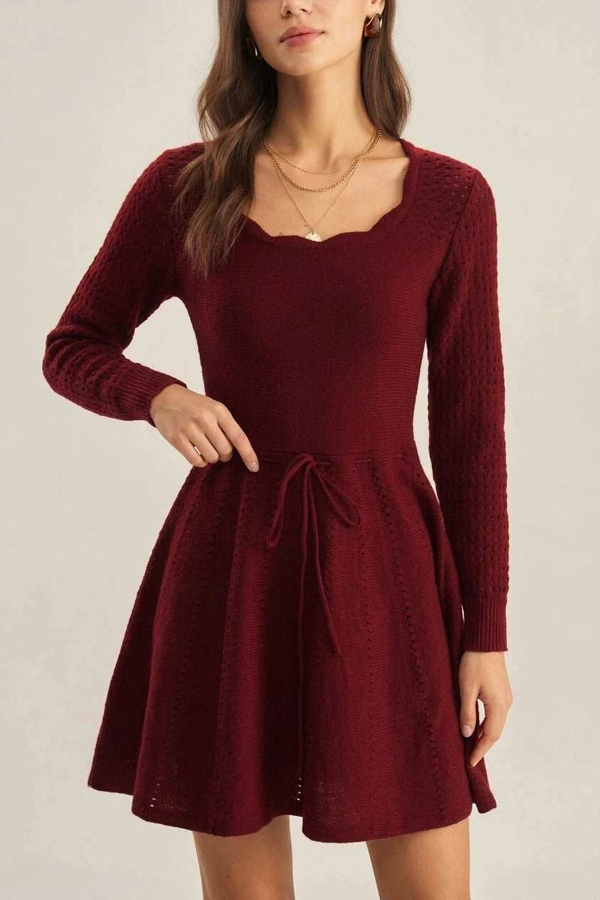 Wine Red A-Line Sweater Dress With Scallop Neck, Long Sleeve, Tie Waist