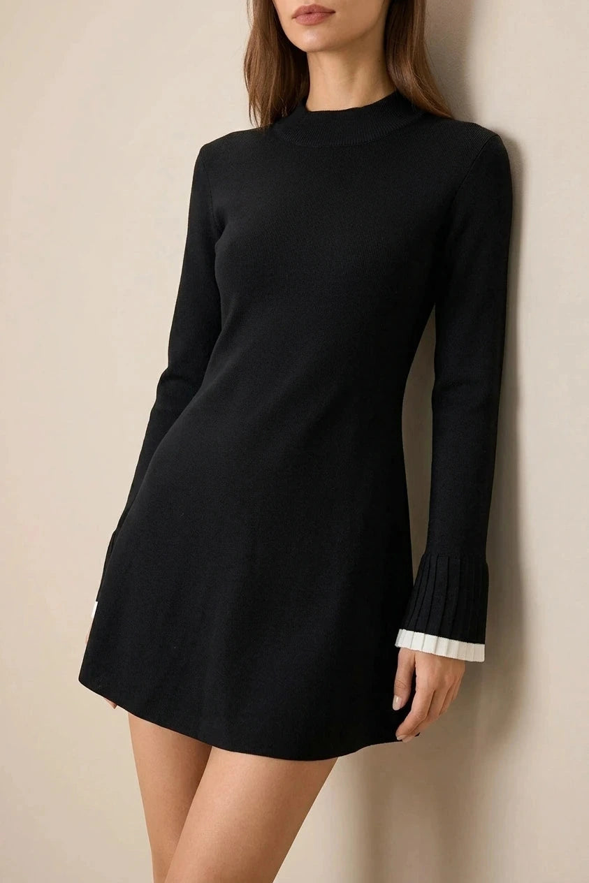 Contrast Trim Knit Mini Dress With Mock Neck And Ribbed Cuffs