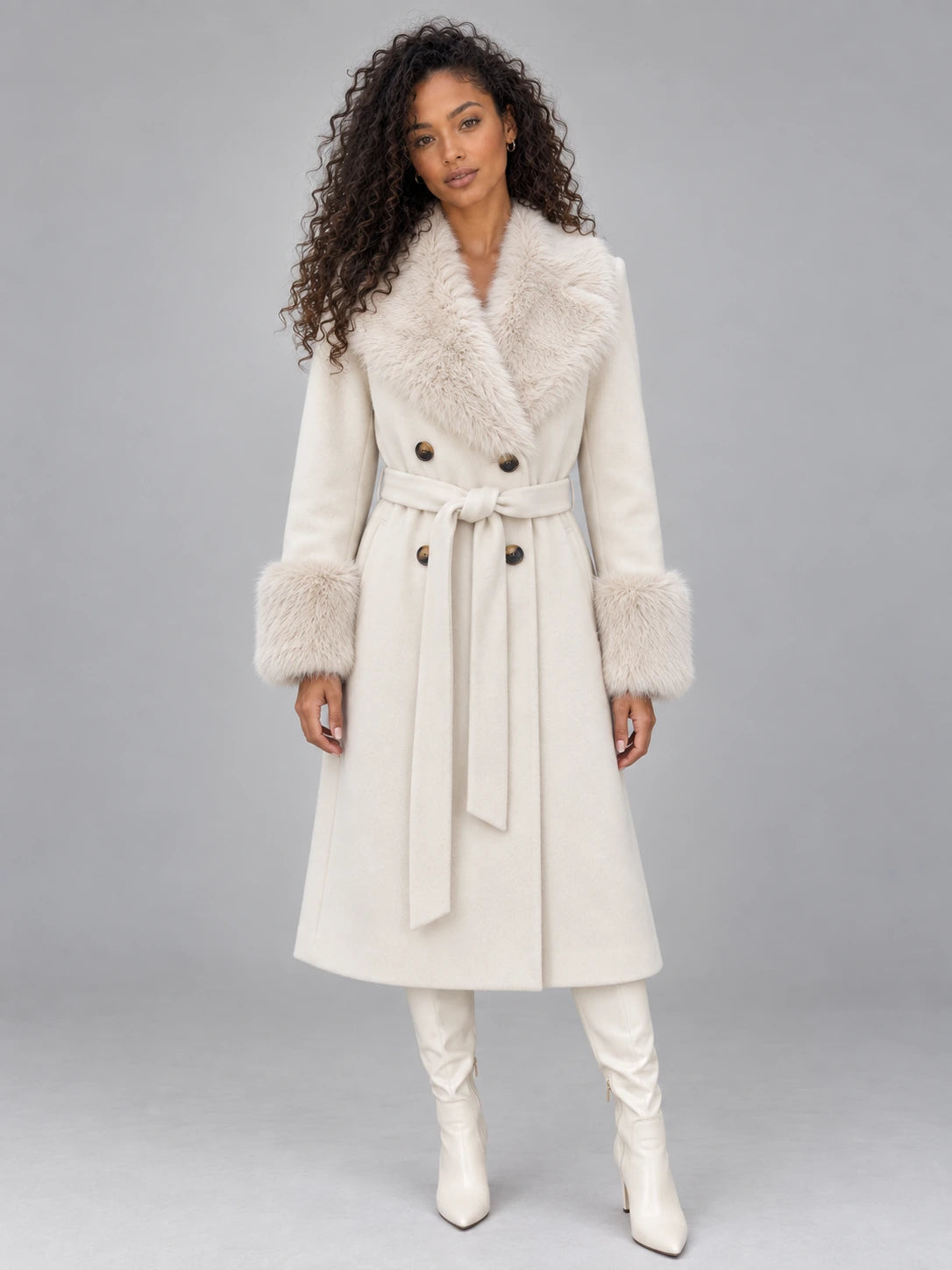 Women’s Faux Fur Collar Coat – Belted Double Breasted Long Winter Coat — gallery_01.webp