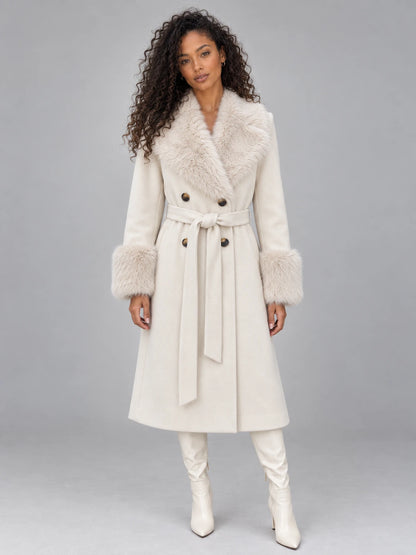 Women’s Faux Fur Collar Coat – Belted Double Breasted Long Winter Coat — gallery_01.webp
