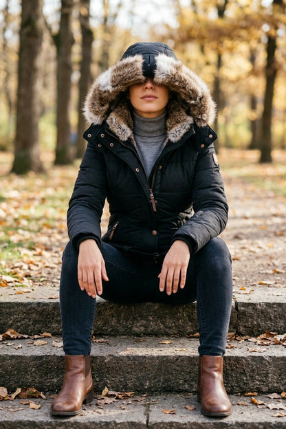 Fitted Hooded Puffer Jacket with Fur Collar Lining — variant_front
