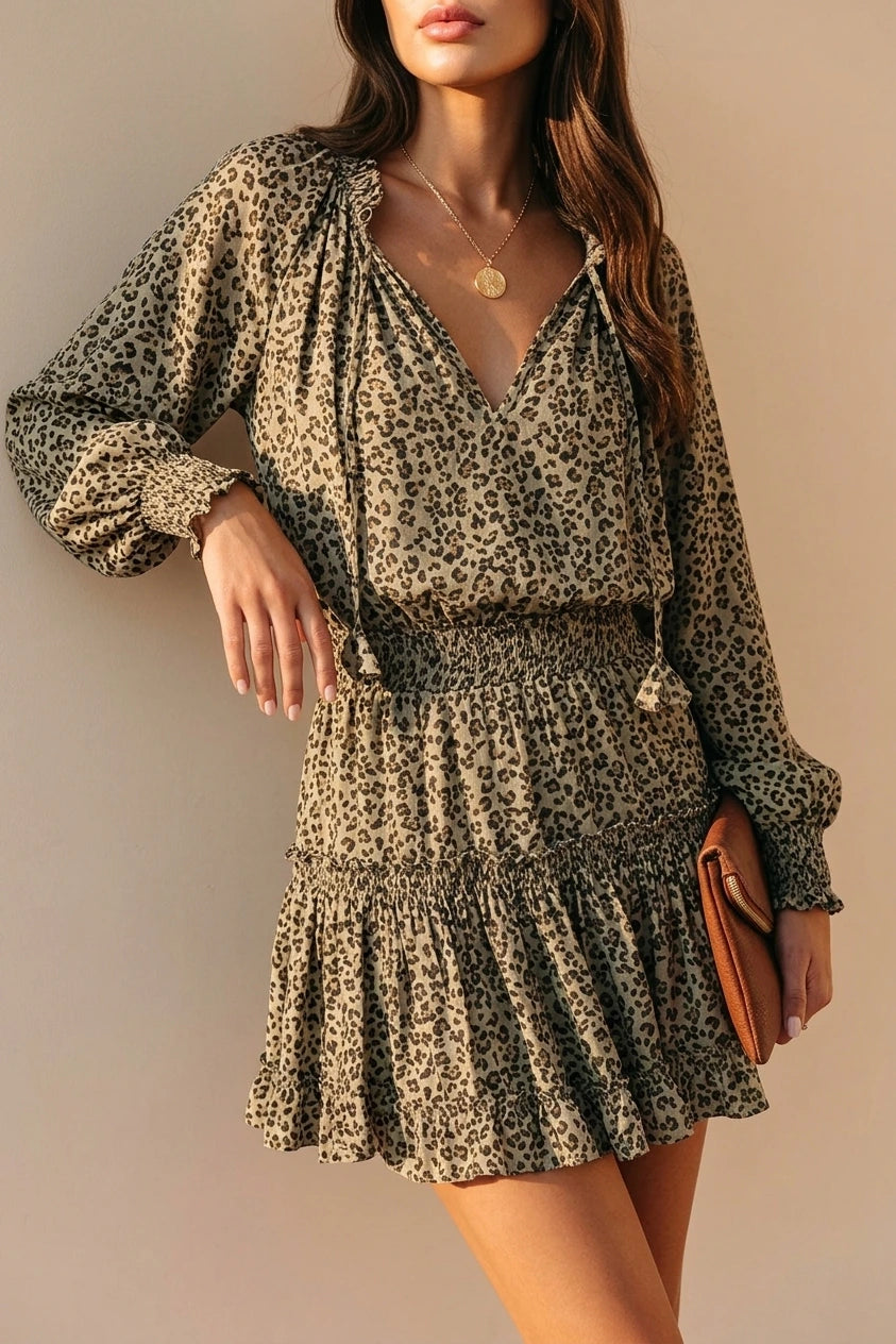 Leopard Print Mini Dress - V-Neck with Smocked Bodice & Ruffled Tiered Skirt — variant_front
