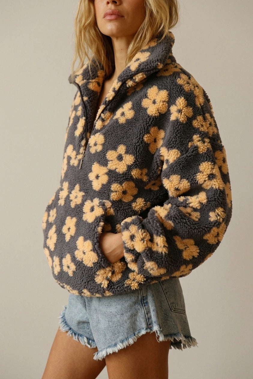 Oversized Floral Teddy Fleece Jacket with Half Zip — variant_front