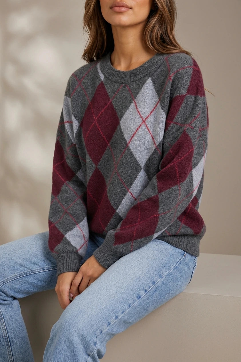 Women’s Argyle Pattern Knit Jumper – Crew Neck Long Sleeve Sweater — variant_front