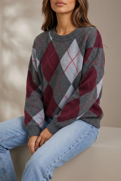 Women’s Argyle Pattern Knit Jumper – Crew Neck Long Sleeve Sweater — variant_front