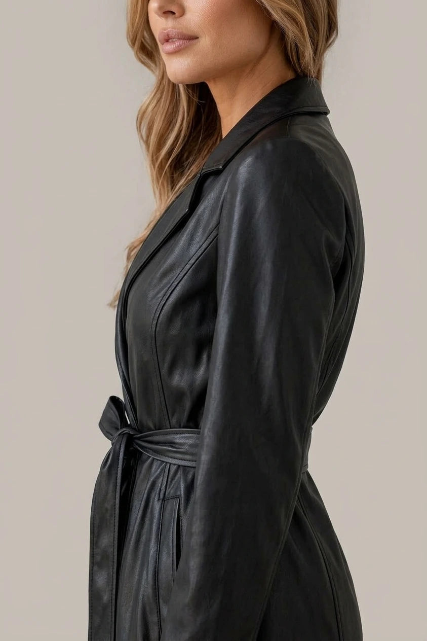 Women’s Faux Leather Long Trench Coat – Slim Fit Belted Jacket — variant_front