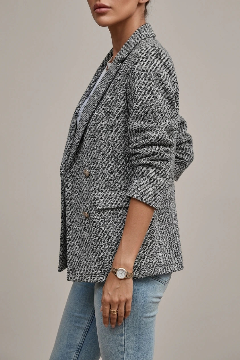 Classic Tailored Tweed Notched Lapel Double Breasted Work Blazer — variant_front