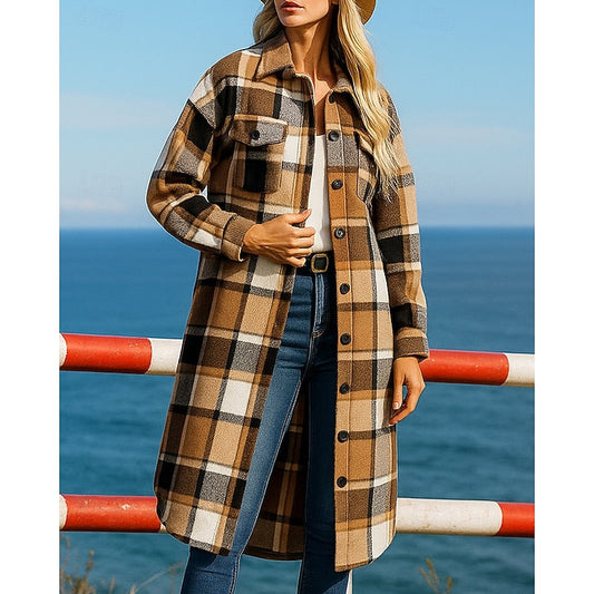 Checked Longline Coat with Button Front, Relaxed Fit — variant_front