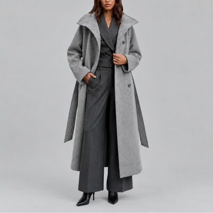 Belted Wrap Coat with Wide Collar, Longline Fit — variant_front