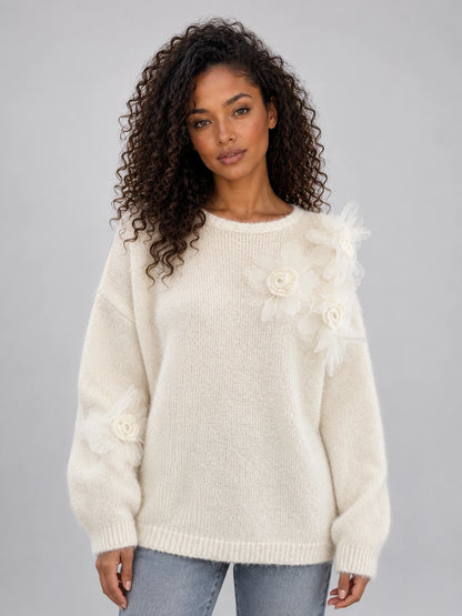Women’s Floral Knit Jumper – Crew Neck Long Sleeve Sweater with 3D Flower Detail — gallery_01.webp