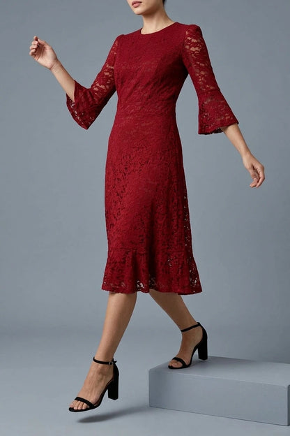 Lace Semi Sheer 3/4 Flute Sleeve Midi Dress — variant_front