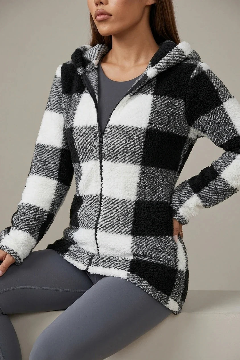Women's Autumn/Winter Two-Tone Black/White Coffee Gray/White Plaid Long Sleeve Zip-Up Warm Hooded Jacket — variant_front