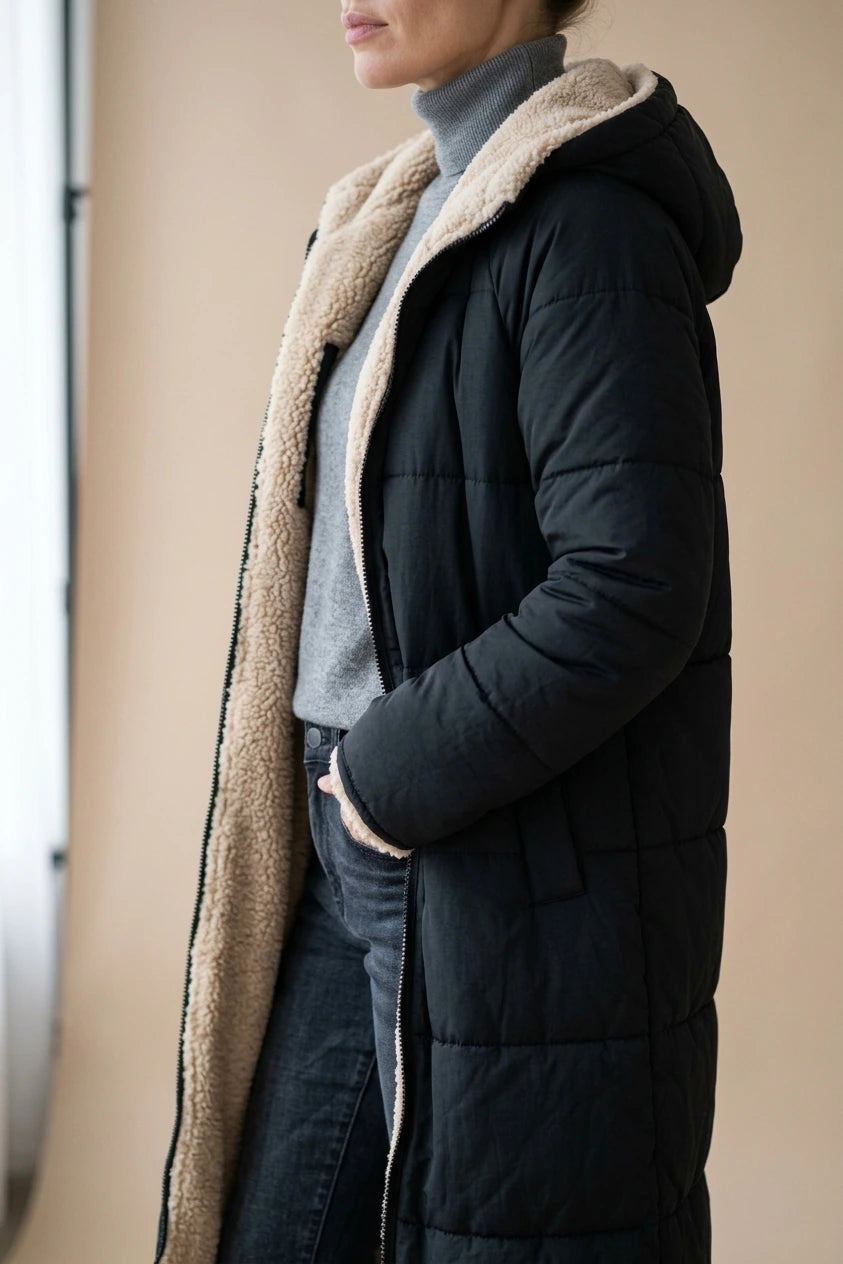 Women's Hooded Reversible Long Coat with Teddy Lining — variant_front