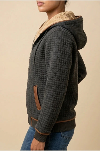 Warm Hooded Quilted Jacket with Sherpa Lining and Brown Contrast Trim — variant_front